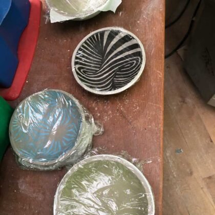 clay screen printed bowls drying