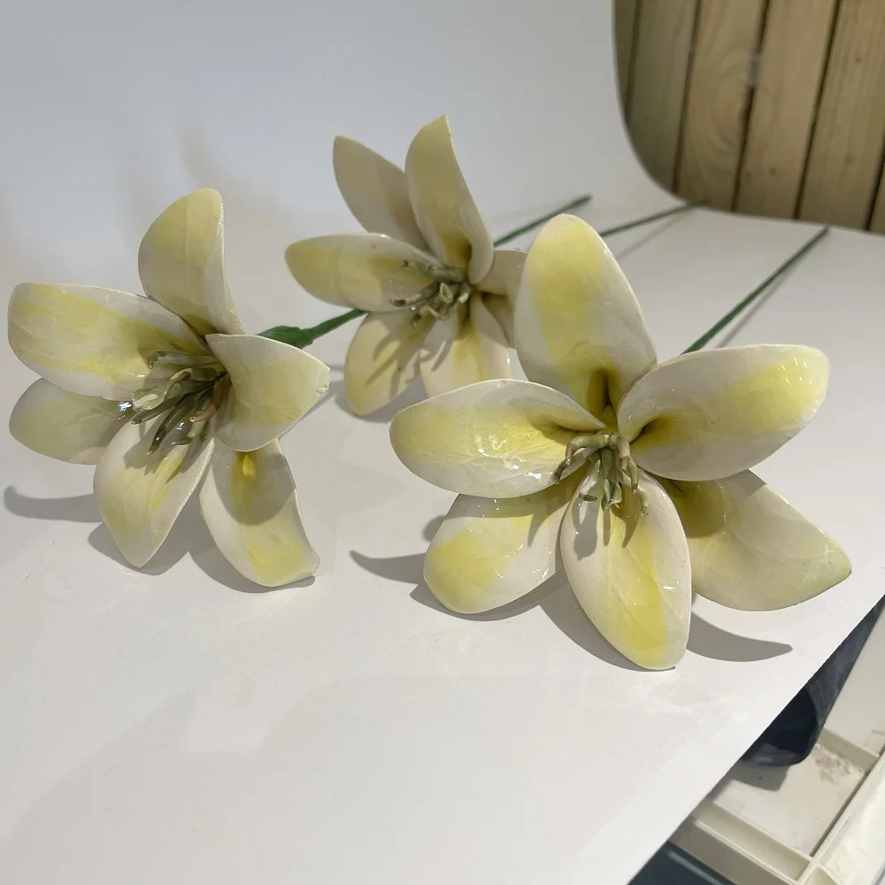 3 Handmade Yellow Lily Flowers on Stems - Image 2