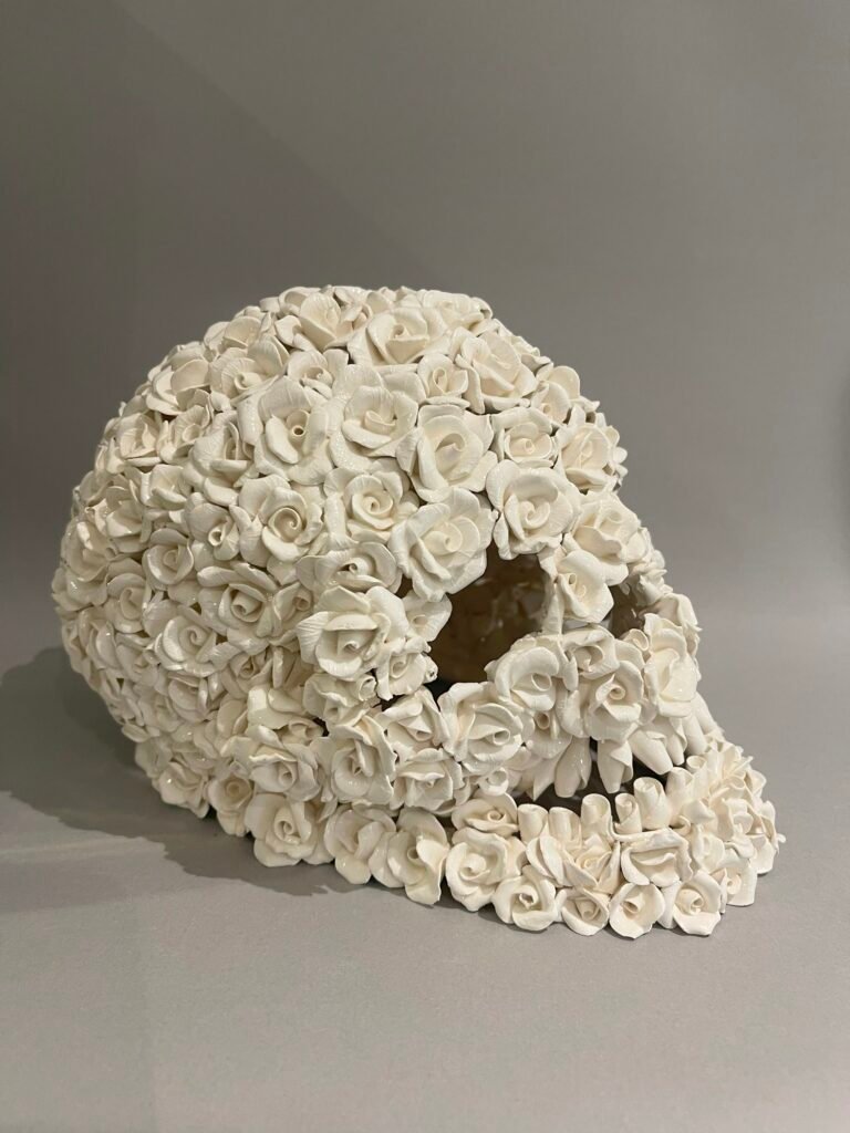 White Rose Skull Sculpture